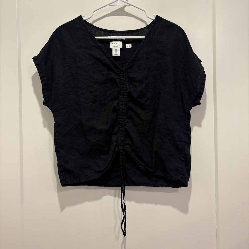 Nicole Miller New York Black 100% Linen Ruched Drawstring V-Neck Top Small